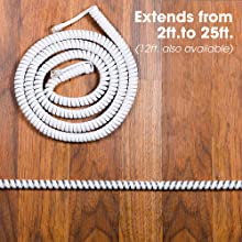 Coiled cord saves space when not in use and extends up to 12 or 25ft