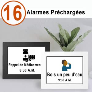 clock has french language alarms display, 19 alarms included