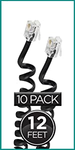 Telephone coiled cord black 12 ft 10 pack