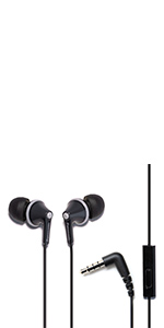 Black corded earbuds with black microphone and 3.5mm audio plug