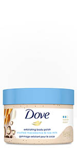 Dove Exfoliating Body Scrub Macadamia & Rice Milk removes dull, dry skin.