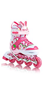 NEMONE Bunny Strawberry 4 Size Adjustable Inline Skates for Girls with 8 Light up Wheels