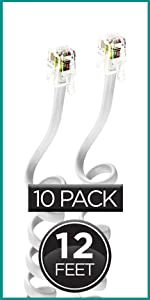 Telephone coiled cord white 12 ft 10 pack