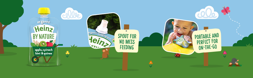 Heinz By Nature Organic natural baby food. Baby pouch puree. Infant food made with acerola cherry