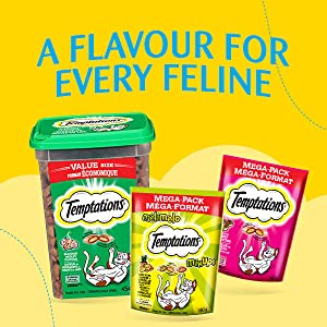 A flavour for every feline, Temptation Cat Treats, Variety of Flavours, Chicken, Beef, Catnip