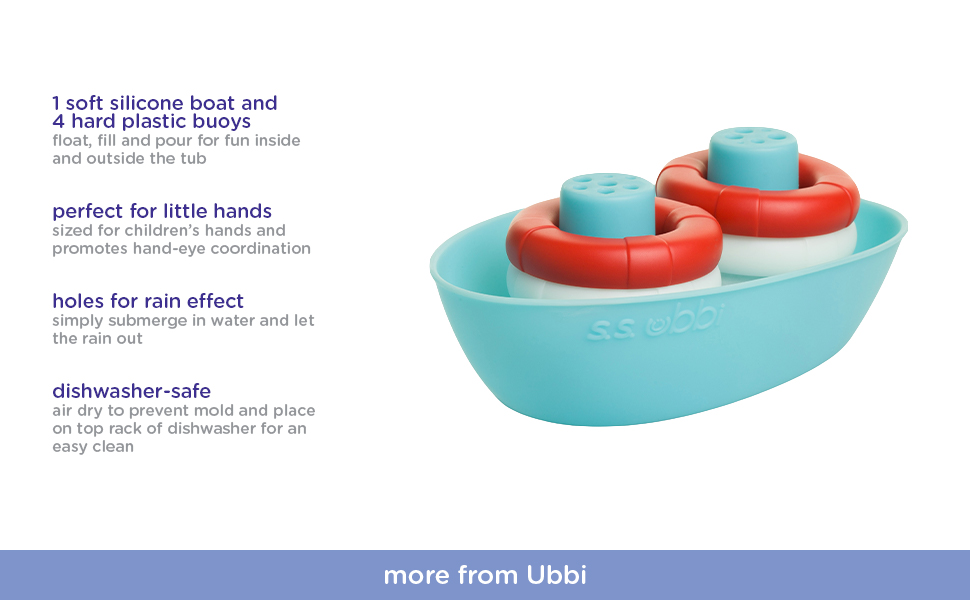 Ubbi boat and buoys bath toy features listed to the left with image of product to the right
