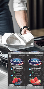 man packing suitcase and Pedialyte AdvanceCare powders