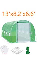 Ohuhu 13&#39;x8.2&#39;x6.6&#39; Greenhouse with 2 Zippered Screen Doors &amp; 8 Screen Windows