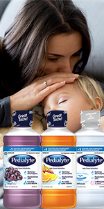 mother kissing sick child on the head and Pedialyte regular bottles