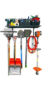 omni tool rack storage shelf garage yard garden shovel rake broom hose cords box supplies power wall