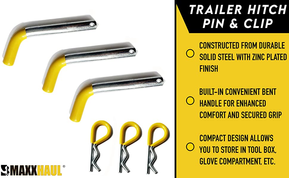 3 Pack Trailer Hitch Pin Clip with Rubber-Coated Vinyl Yellow Grip, 5/8" Diameter, Fits 2" Receiver