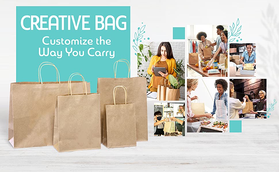 Assortment of brown paper bags with people supporting small businesses