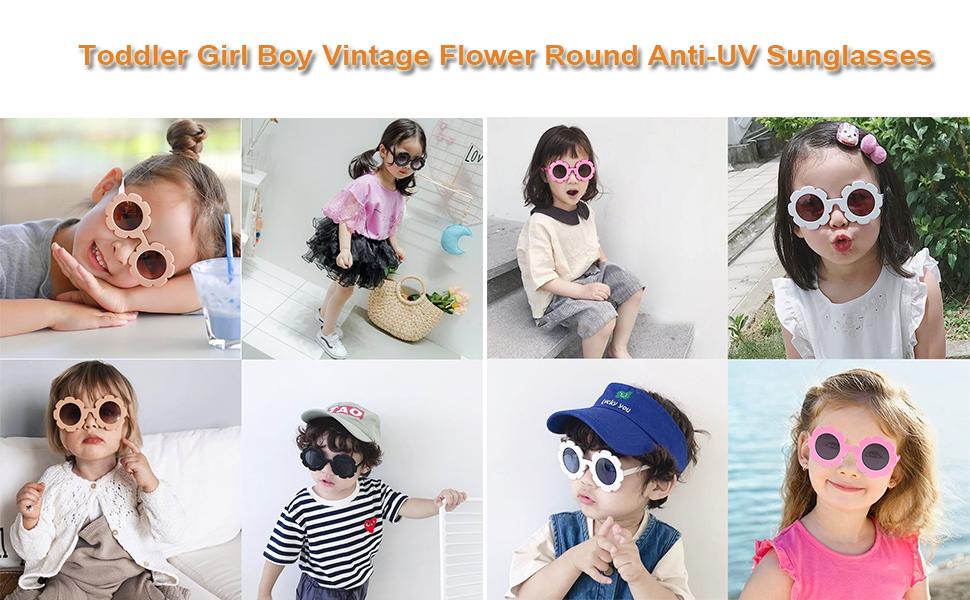Toddler girl boy vintage flower round anti-UV sunglasses