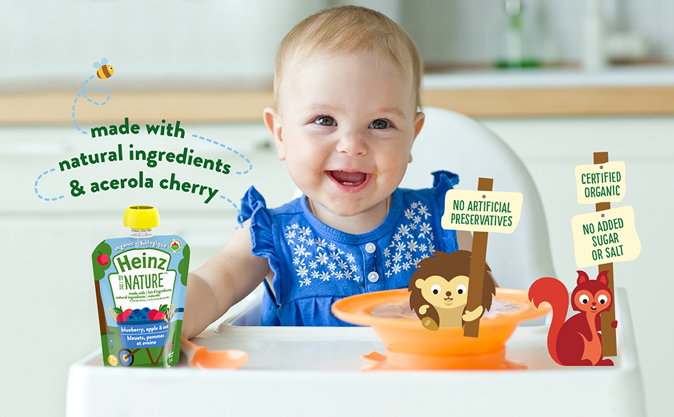 Heinz By Nature Organic natural baby food. Baby pouch puree. Infant food made with acerola cherry