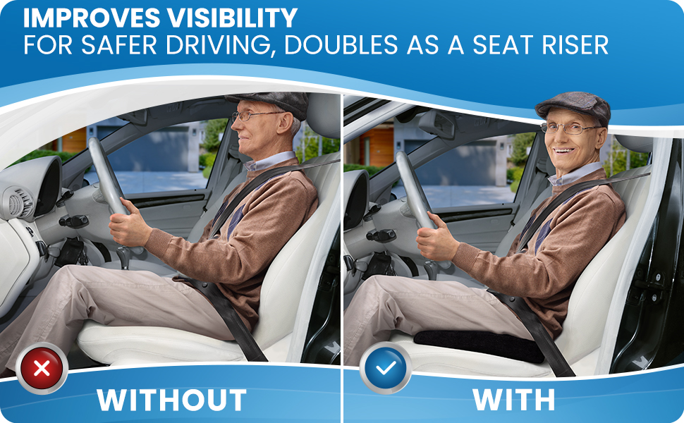 Older man using car seat cushion to provide height for better visibility while driving