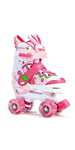 NEMONE Bunny Strawberry 4 Size Adjustable Roller Skates for Girls with 8 Light up Wheels