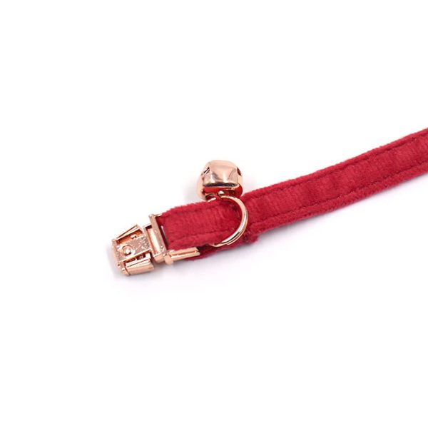 PETDURO Personalized Handmade Velvet Cat Collars with Bells & Name Engraved Metal Buckle Customized for Cute Girl Cats and Boy Cats (S (6.3"-10.23"), Red Velvet Rose Gold Buckle) - Image 4