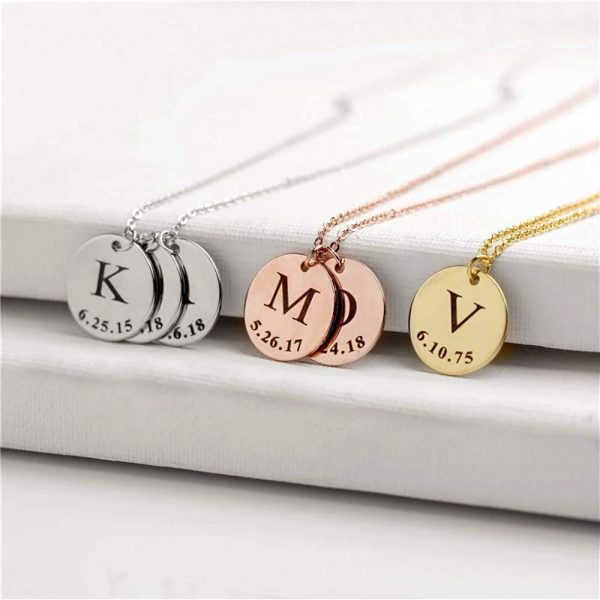 Personalized Engraved Initial A-Z Disc Pendant Necklaces with Initials & Date or Text 925 Sterling Silver/Copper Gift for Girl Women Mother's Day Gift - Image 3