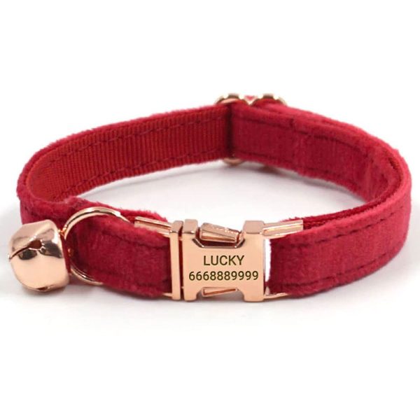 PETDURO Personalized Handmade Velvet Cat Collars with Bells & Name Engraved Metal Buckle Customized for Cute Girl Cats and Boy Cats (S (6.3"-10.23"), Red Velvet Rose Gold Buckle)