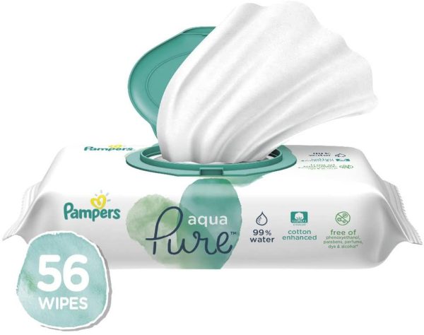 Pampers Baby Wipes, Aqua Pure 1X Pop-Top Water Sensitive Wipes, Hypoallergenic and Fragrance Free, 56 Count (Packaging May Vary) - Image 3