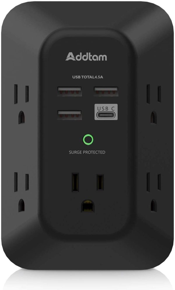 USB Wall Charger Surge Protector -  5 Outlet Extender with 4 USB Charging Ports ( 1 USB C), 3-Sided 1800J Power Strip Multi Plug Outlets Adapter Widely Spaced,Black - Image 3