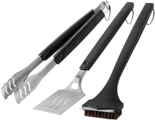 Napoleon Premium Stainless Steel 3 Pc. BBQ Toolset - Wide Big Burger Spatula, Sturdy Tongs, Natural Fiber Grill Brush/Scraper - Image 4