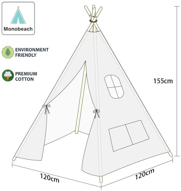 Monobeach Teepee Tent for Kids Foldable Children Play Tent for Girl and Boy with Carry Case 4 Poles White Canvas Playhouse Toy for Indoor and Outdoor Games  (White) - Image 5