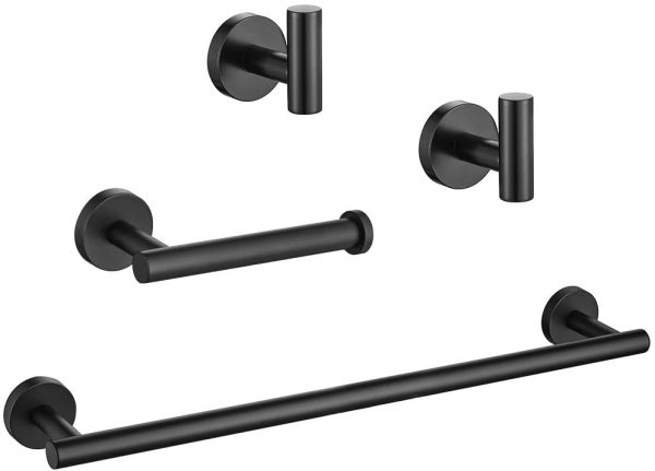 4-Piece, Stainless Steel Bathroom Hardware Set Black Wall Mounted Bathroom Accessories Set- 20''Towel Bar,Toilet Paper Holders and 2 Robe Hooks, Matte Black,Q2D-P4BK