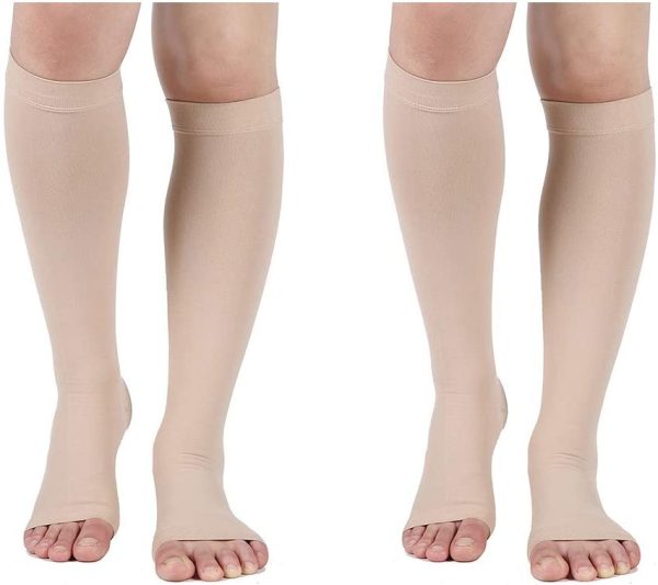 Compression Socks, 2 Pairs, 20-30 mmHg Graduated Knee-Hi Compression Stockings for Unisex, Open Toe, Opaque, Support Hose for DVT, Pregnancy, Varicose Veins, Relief Shin Splints, Beige S - Image 6