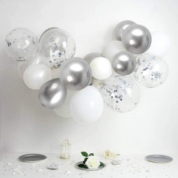 White Silver Confetti Latex Balloons, 50 Pack 12inch Silver Metallic Chrome Party Balloon Set with Silver Ribbon for Wedding Birthday Baby Shower Decorations - Image 3