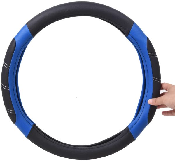 CAR PASS Line Rider Faux Leather Steering Wheel Cover Universal Fits for Truck,SUV,Cars (Black with Blue) - Image 2