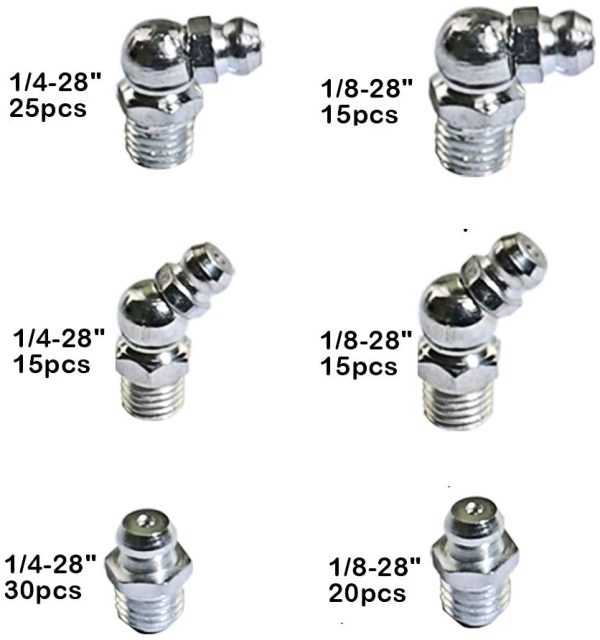 120pcs SAE Standard 1/4"-28 1/8"-28 Assortment Kits of Hydraulic Lubrication Steel Zerk Grease Nipple Fitting Straight and 90 and 45 Degree Angled for Oil Gun - Image 3