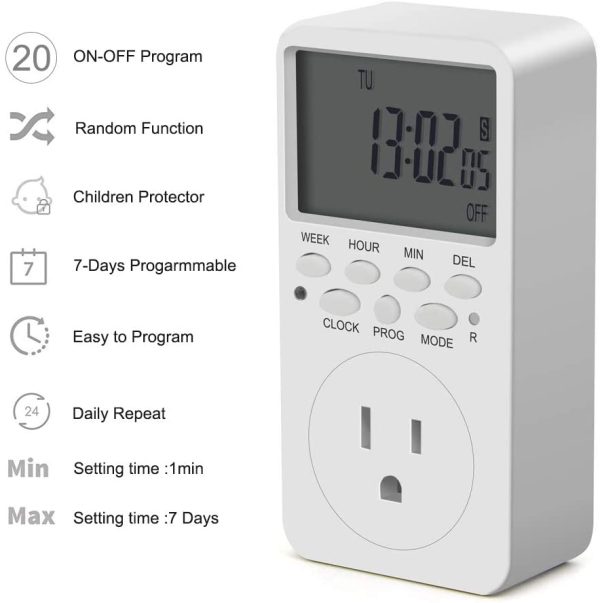 Outlet Timer, Digital Programmable Timer,  7 Day Weekly Heavy Duty Smart Indoor Timer for Electric Outlets, Wall Timer Switch Grounded - Image 3