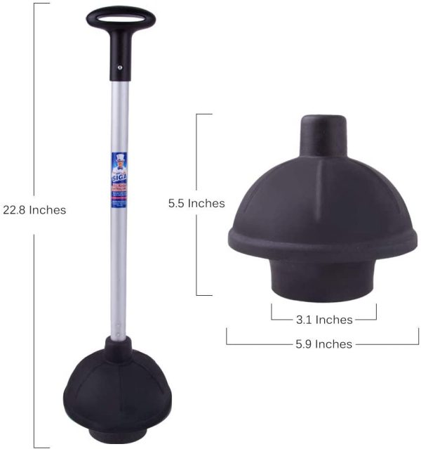 MR.SIGA 2 Way Rubber Toilet and Drain Plunger, Aluminium Handle, Black