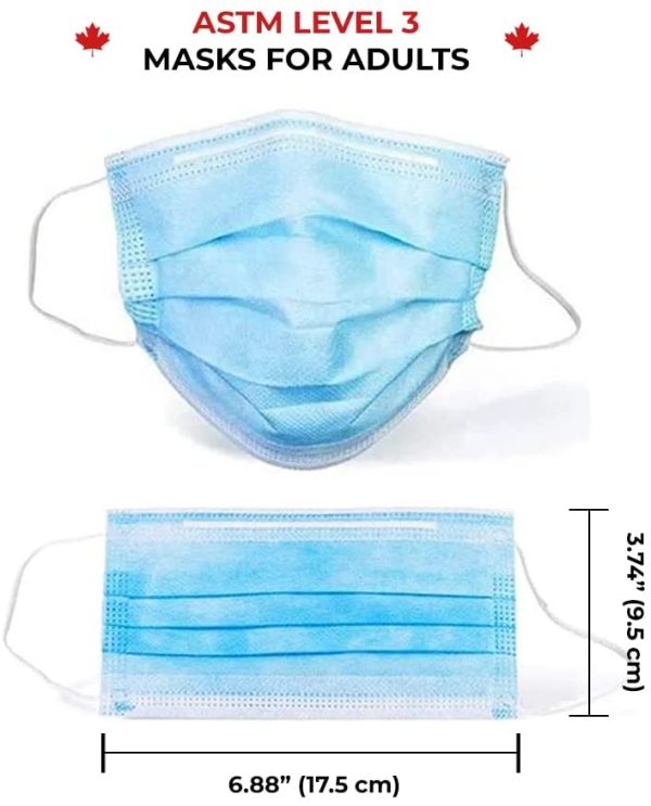 CKDCares LEVEL-3 Disposable Face Masks - Made in Canada, 3 Layered Pattern, Elastic Ear-loops and Adjustable Nose Bridge Strip - Adult Size, Pack of 50 (Blue)