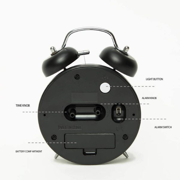 {Loud Alarm for Deep Sleepers} 4'' Twin Bell Alarm Clock with Backlight for Bedroom and Home Decoration(Black) - Image 5