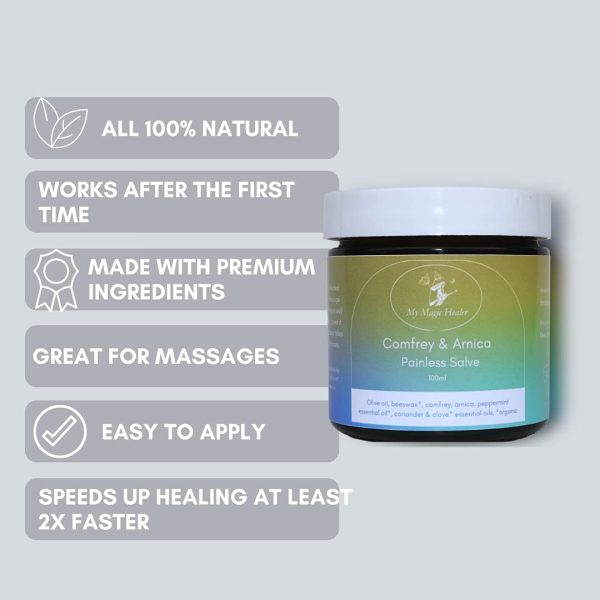 Comfrey & Arnica Painless Salve | Joints Pain | Knee and Back Pain | Injuries | Strains | Sprains | Pain Relief After the First Use | All Natural, Effective and Safe