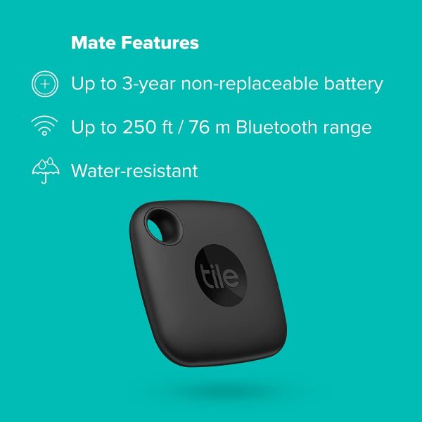 Mate (2022) 1-Pack, Black. Bluetooth Tracker, Keys Finder and Item Locator; Up to 250 ft. Range. Up to 3 Year Battery. Water-Resistant. Phone Finder. iOS and Android Compatible, 1 Pack, Black - Image 2