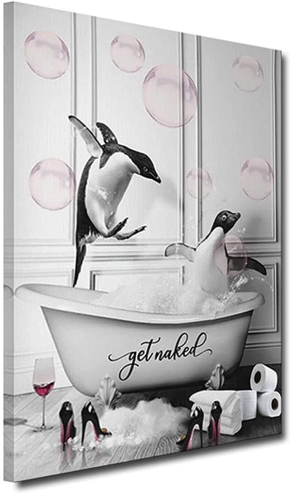 Bathroom Wall Art-Penguins In Bathtub with Pink Bubbles Funny Animals Pictures Wall Decor Black and White Canvas Prints Paintings for Home Decorations Framed Ready To Hang (Poster-1, 12"x18") - Image 6