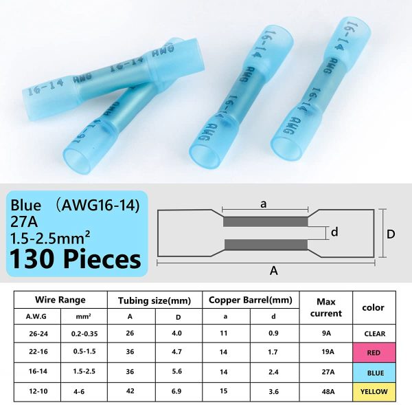 130 Pieces Heat Shrink Butt Connectors Kit, 16-14 AWG Blue Insulated Waterproof Electrical Wire Connectors Automotive Wire Crimp Terminals Butt Splices - Image 7