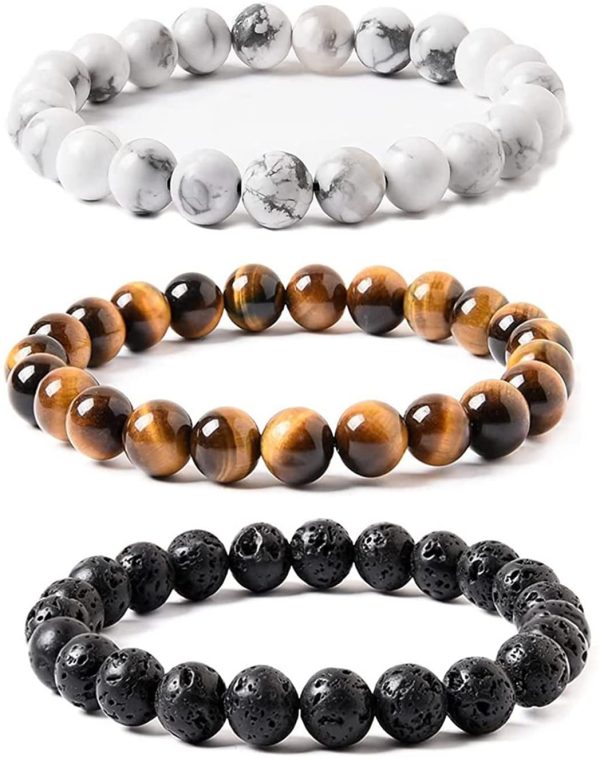 Natural Lava Rock Bracelet, 3 Pcs Stretch Elastic Bracelets, Adjustable Gemstone Crystal Agate Bracelet Used for Yoga for Men and Women - Image 6