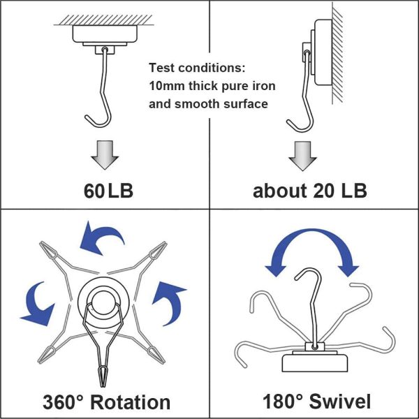 LOVIMAG Swivel Swing Strong Magnetic Hooks, 60LBS Magnetic Hooks Heavy Duty for Cruise, Home, Kitchen, Workplace, Office and Garage, 67.5mm(2.66in) in Length - Pack of 8 - Image 4