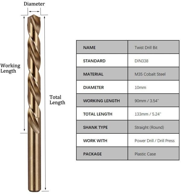 10mm Metric Twist Drill Bit Set of 3pcs - Jobber Length Fully Ground Straight Shank ?M?5% Cobalt M35 Grade HSS-CO, Extremely Heat Resistant ?M?Perfect for Stainless Steel Cast Iron - Image 6