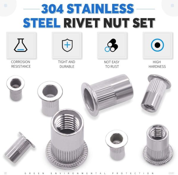 180Pcs 304 Stainless Steel Flat Head Threaded Rivetnut Insert Nutsert Rivet Nut Assortment Kit - M3 M4 M5 M6 M8 M10 - Image 6