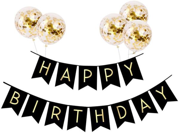 Meowoo Happy Birthday Banner Kit, Happy Birthday Bunting Golden Aluminum Film with  Gold Confetti Latex Balloons Party Decorations for Kids Girls(Black) - Image 4