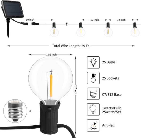 Brightown 29Feet Solar String Lights Outdoor G40 Patio Lights with 25 LED Shatterproof Bulbs, 4 Light Modes, Weatherproof Hanging Lights for Backyard Bistro Pergola Party Decor, E12 Base, 2700K, White