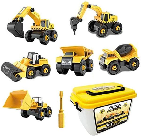 Take Apart Trucks Construction Vehicles Excavators, Set 6 in 1 Toy with Storage Box(Excavator, Bulldozer, Dump Truck, Drilling Truck, Road Roller, Cement Mixer), Play Set for Kids Age 3+ - Image 2