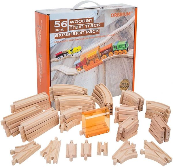 Orbrium Toys 56 Piece Wooden Train Track Expansion Pack with Tunnel Fits Thomas Brio Chuggington Melissa & Doug Imaginarium Set