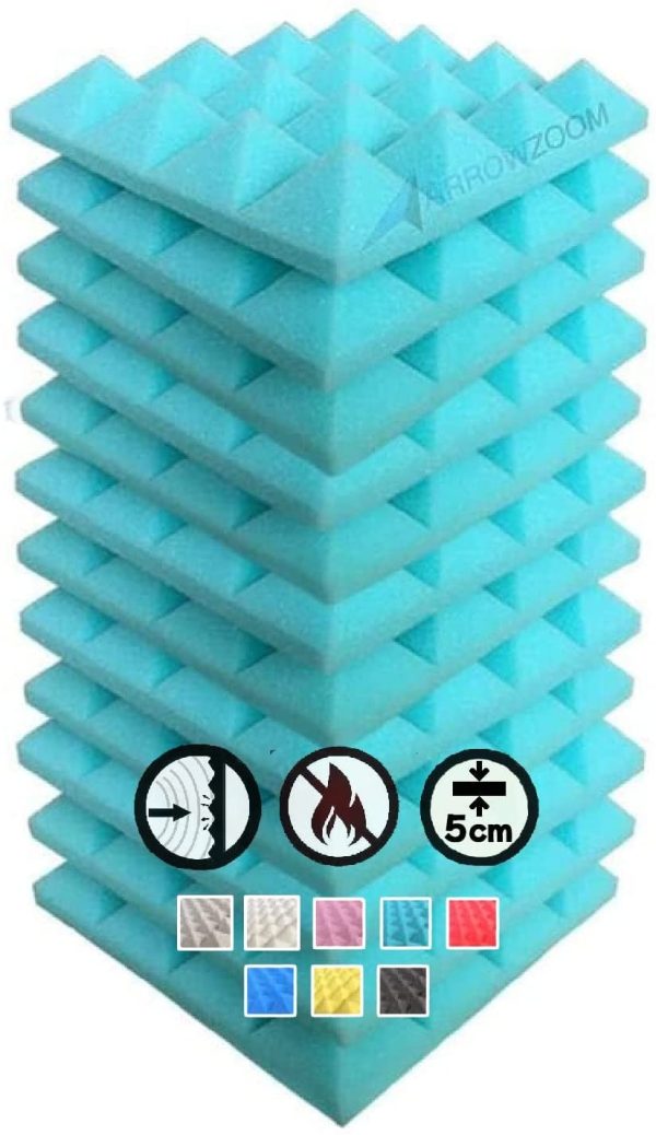 Arrowzoom 12 Pyramid Dampening Acoustical Foam Panels Tiles Sound Absorbing Acoustic Treatment NRC 0.4 Panels Fire Retardant 500-8000hz ise Reduction 25x25x5cm Baby Blue Recording Padding 1034 - Image 7