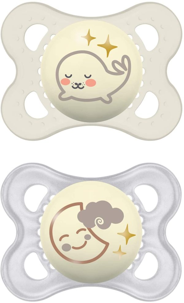 MAM Night Pacifier for 0-6 Months (2 Pack, 1 Sterilizing Pacifier Case), MAM Glow in the Dark Soother with a Soft Silicone Nipple, Baby Essentials, Unisex, Designs May Vary - Image 2